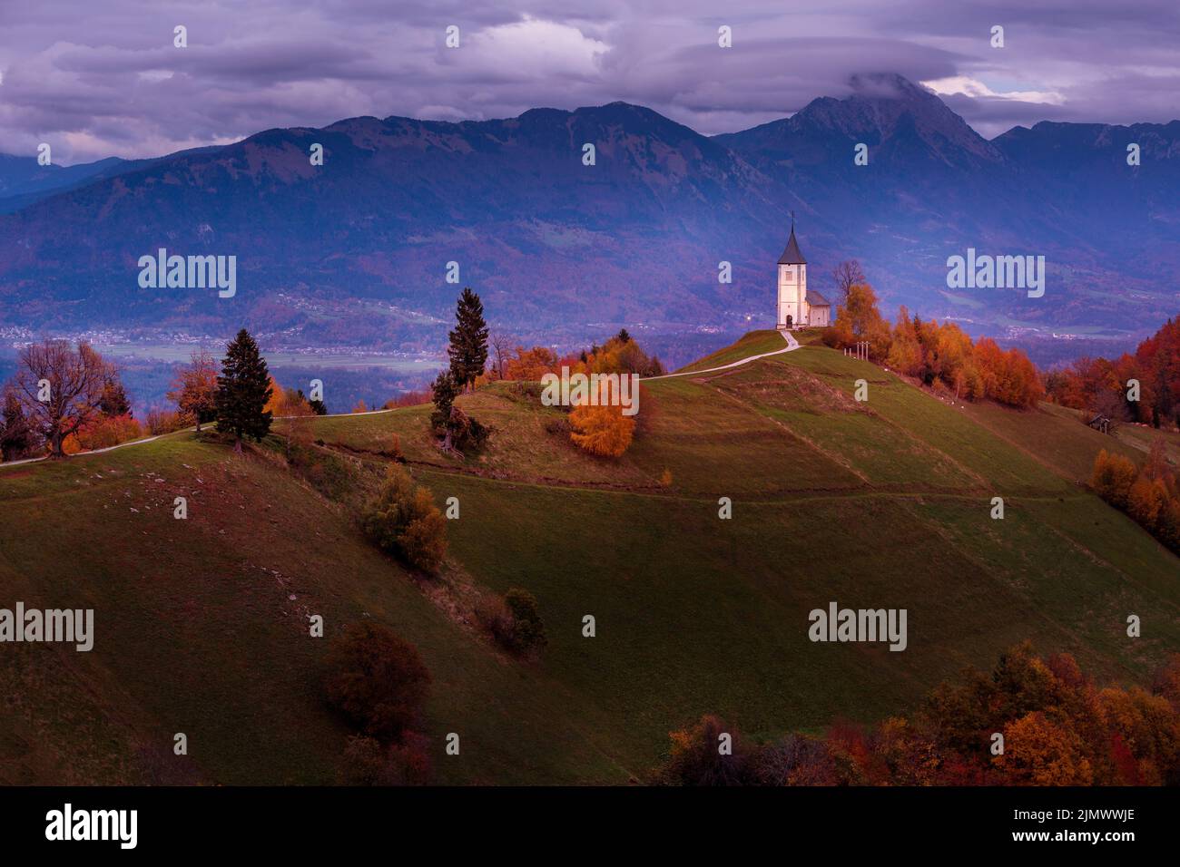 sunset-with-church-top-of-hill-slovenia-jamnik-stock-photo-alamy
