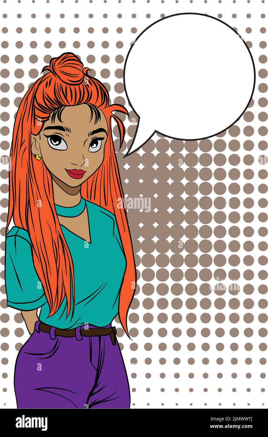 teenage girl in long hair politely asking for something vintage vector illustration Stock Vector