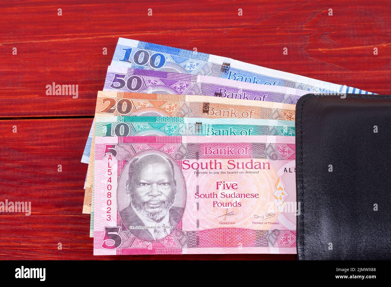 South Sudanese money in the black wallet Stock Photo