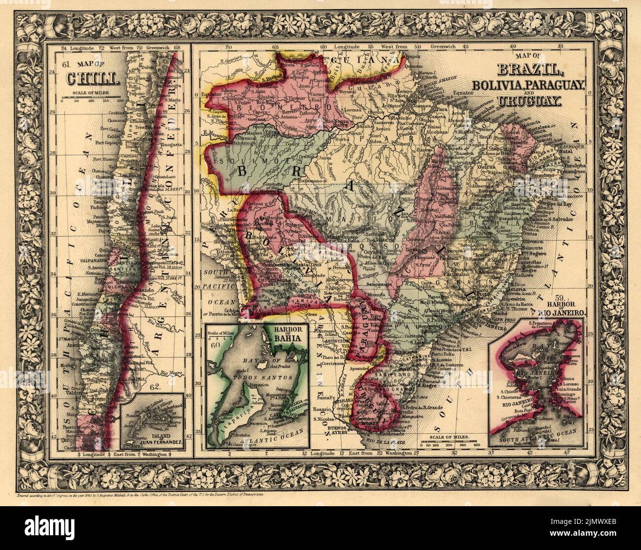 Vintage map of Brazil, Bolivia, Paraguay, and Uruguay with inset map  of Chile, South America, ca, 1870 by  S. Augustus Mitchell (Samuel Augustus) Stock Photo