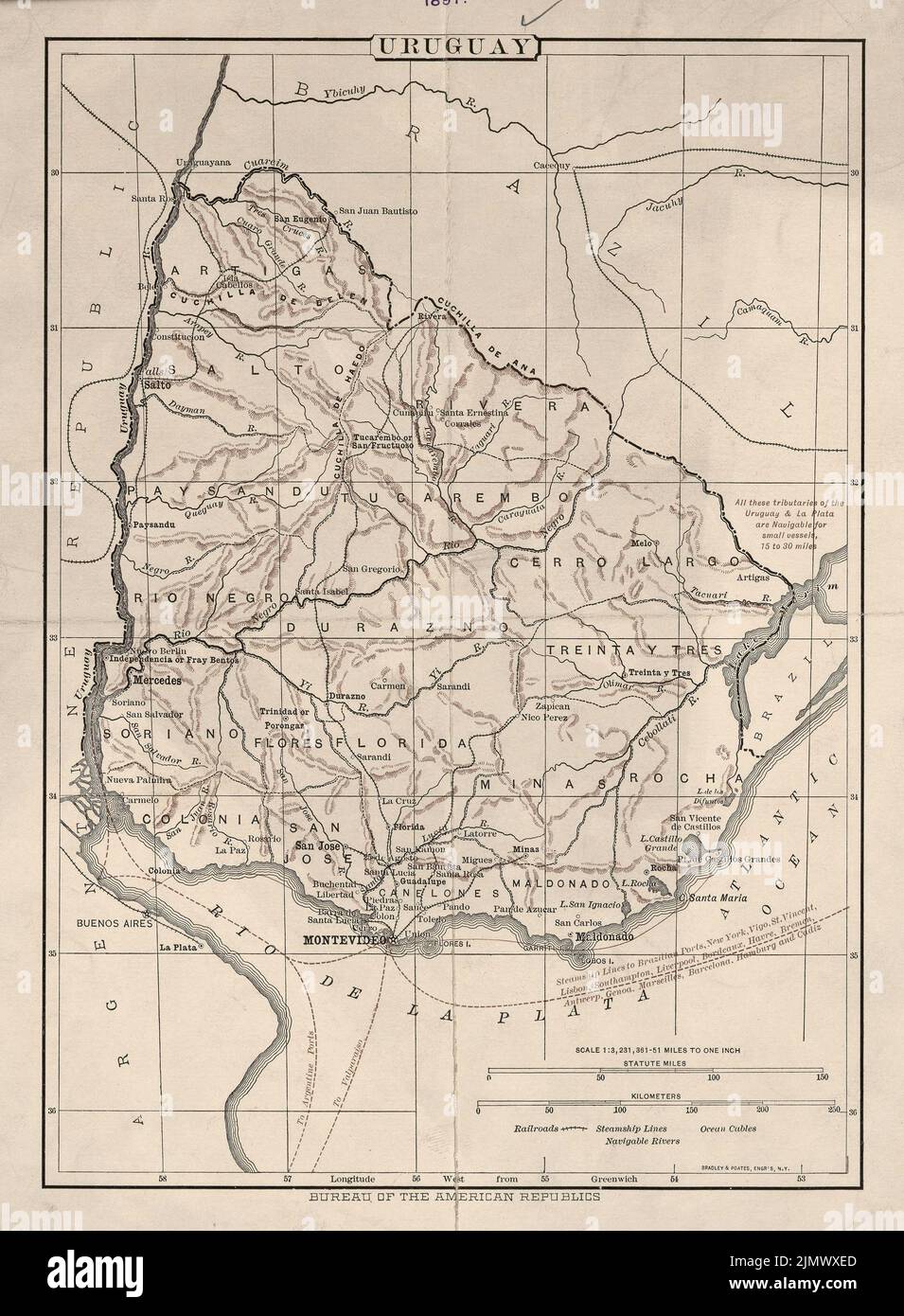 Vintage map of Uruguay in South America 1897 Stock Photo
