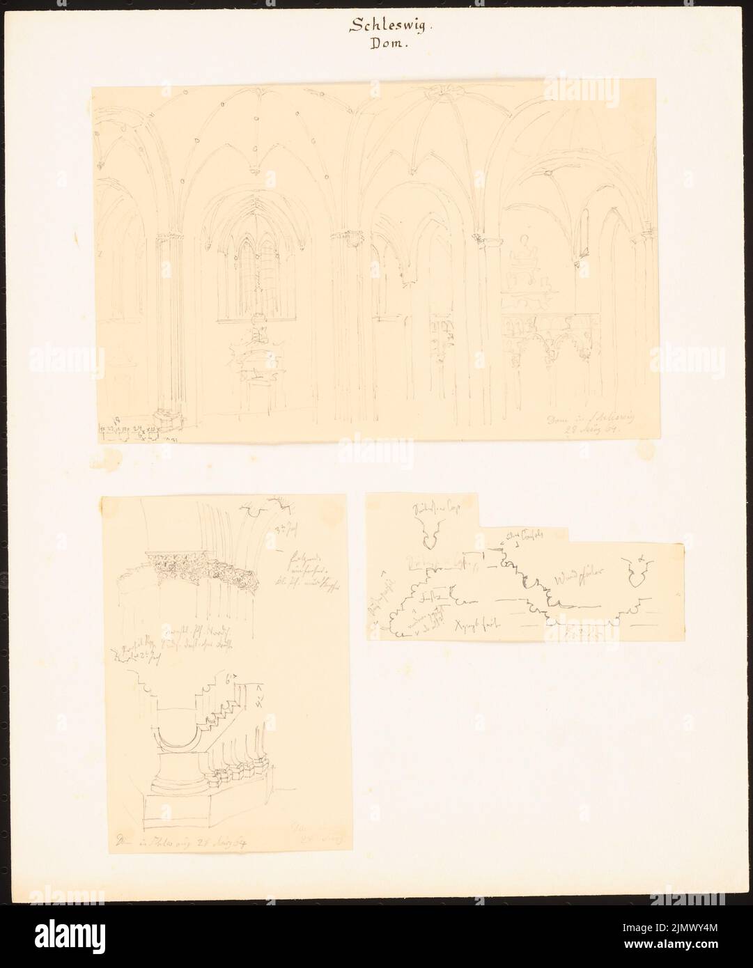 Quast Ferdinand von (1807-1877), Cathedral St. Peter in Schleswig (March 30, 1864): Three leaves: Perspective interior view, View Western pillars of the north-ship: Basis and Capitell, pillar profiles. Pencil on paper, 34.9 x 29 cm (including scan edges) Quast Ferdinand von  (1807-1877): Dom St. Peter, Schleswig Stock Photo