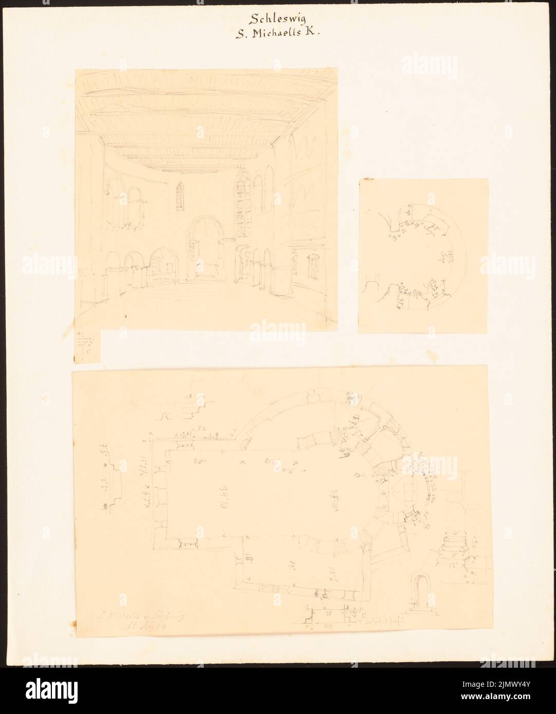 Quast Ferdinand von (1807-1877), St. Michael in Schleswig (March 26, 1864): Three leaves: Perspective interior view to the altar, floor plan of the altarnian, fleeting floor plan with details: cut window arch, base pillar. Pencil on paper, 34.9 x 29 cm (including scan edges) Quast Ferdinand von  (1807-1877): St. Michael, Schleswig Stock Photo