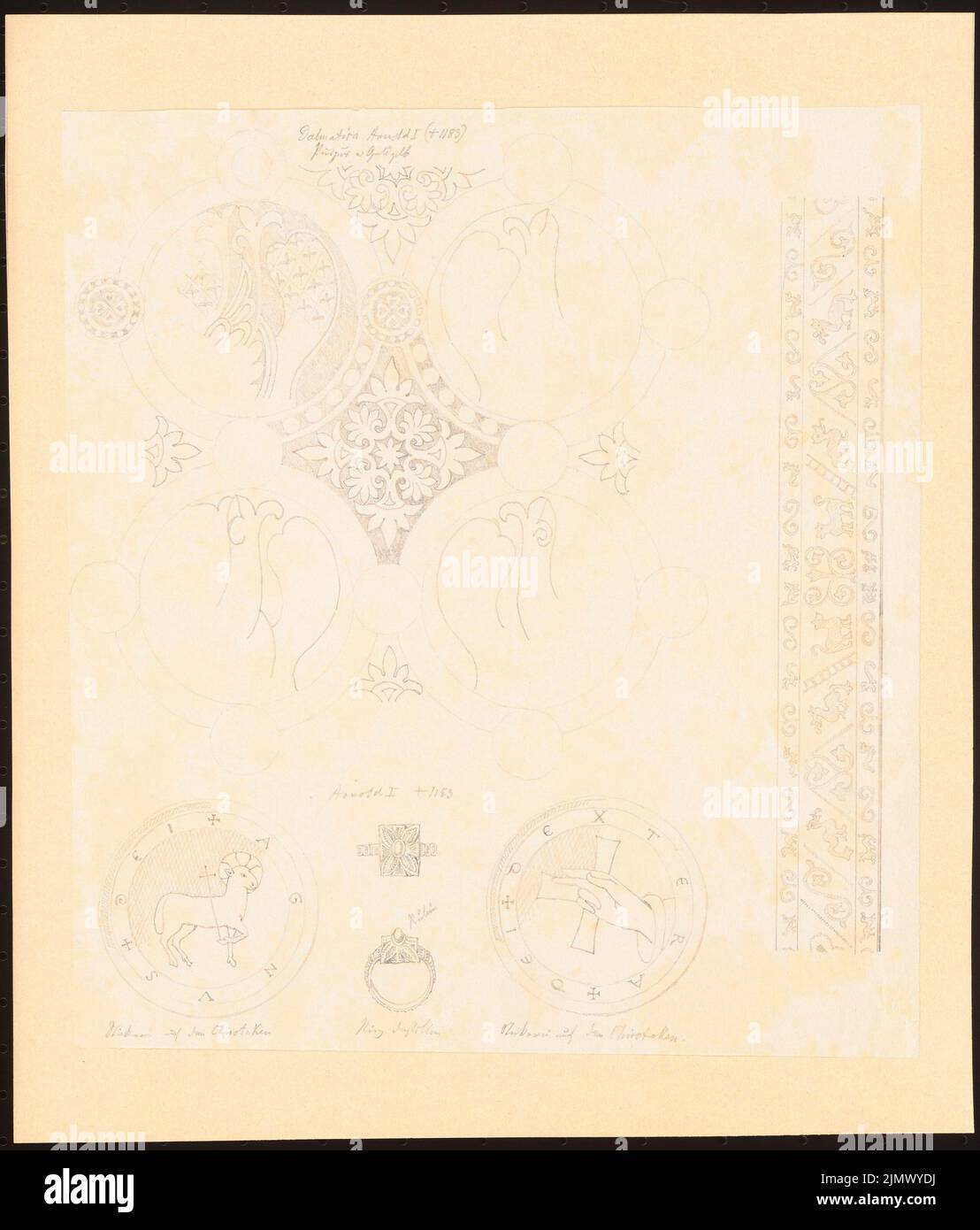 Quast Ferdinand von (1807-1877), Dalmatica and other bishopsattribute of the Arnold I to Trier (without date): View of the floral pattern of the tunicella in purple and golden yellow, frieze with palmette, dragon and other animal motifs, two views of the Bish. Pencil on paper, 34.7 x 29.6 cm (including scan edges) Quast Ferdinand von  (1807-1877): Dalmatica und weitere Bischofsattribute des Arnold I. von Trier Stock Photo