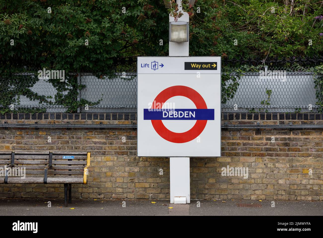 London Underground Tube Station name sign for Debden Station on the
