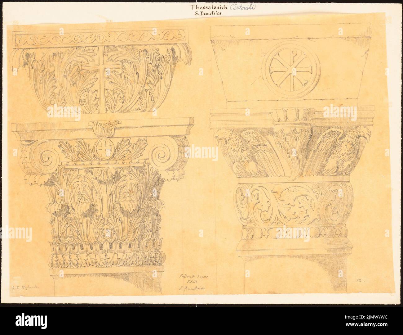 Quast Ferdinand von (1807-1877), S. Demetrios in Saloniki/Thessaloniki (without Dat.): Carriage: Views of two columns with Christ monogram and wheel cross, according to Charles Texier and Richard P. Pullan, XXIII and XXII. Pencil on transparent, 29.1 x 38.3 cm (including scan edges) Quast Ferdinand von  (1807-1877): S. Demetrios, Thessaloniki Stock Photo