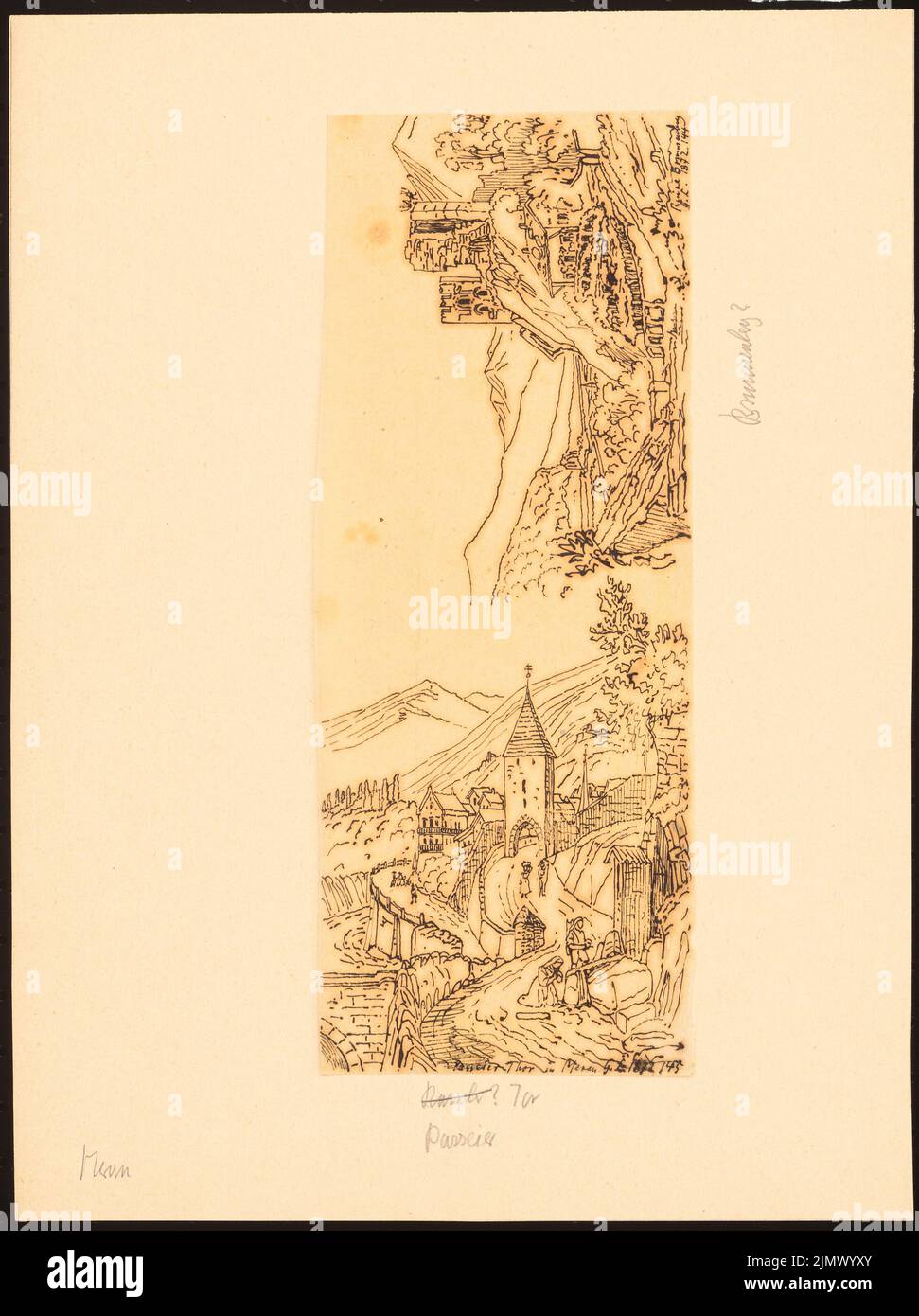 Quast Ferdinand von (1807-1877), Passeirer/Passeier Tor and Brunnenburg/Brunnenberg near Merano (1872): Two through drawings: Perspective view of the city gate with the surrounding area and figure staff, view of the castle ruins, 1872, p.. Ink on transparent, 31 x 23.2 cm (including scan edges) Quast Ferdinand von  (1807-1877): Passeirer Tor und Brunnenburg, Meran Stock Photo