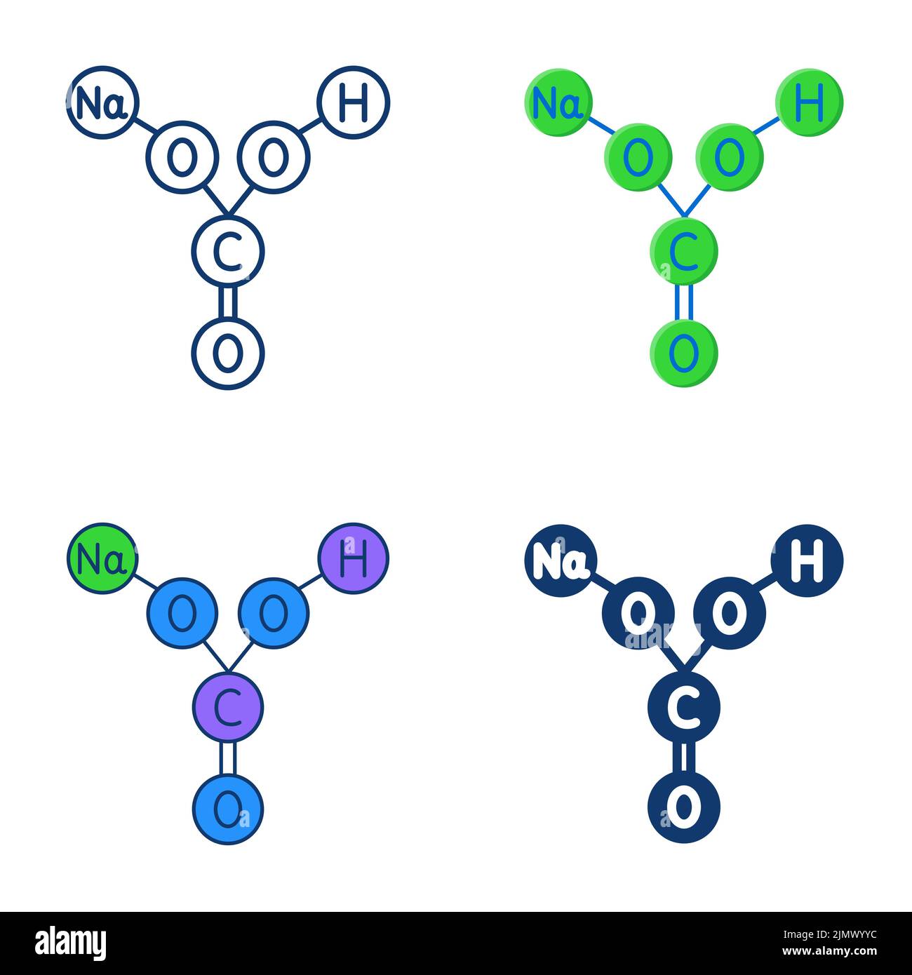 Structural formula of baking soda icon set in flat and line style. Chemical model of sodium bicarbonate. Vector illustration. Stock Vector