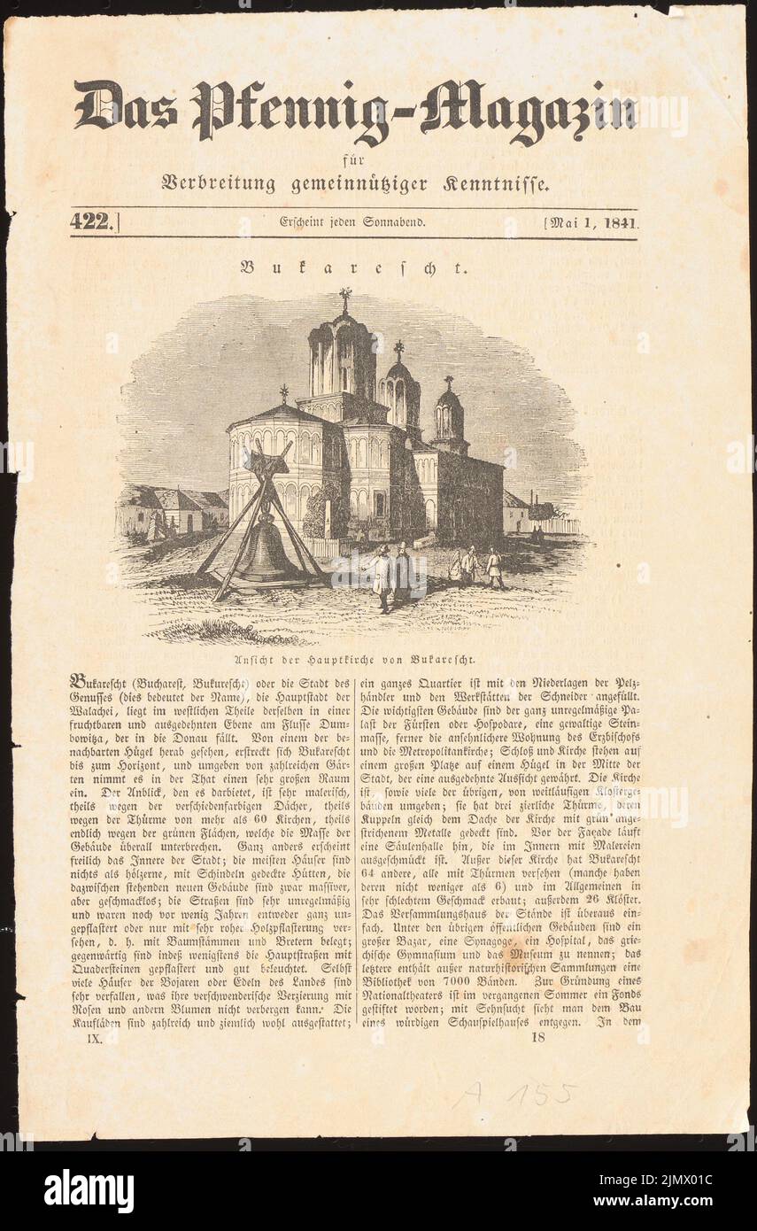 Quast Ferdinand von (1807-1877), Hauptkirche in Bucharest (01.05.1841): Perspective view of the church with a church bell in the foreground (approx. 11x15 cm) and a location description of Bucharest, from: The Pfennig-Mag. Lithograph, 30.5 x 20.1 cm (including scan edges) Quast Ferdinand von  (1807-1877): Hauptkirche, Bukarest Stock Photo