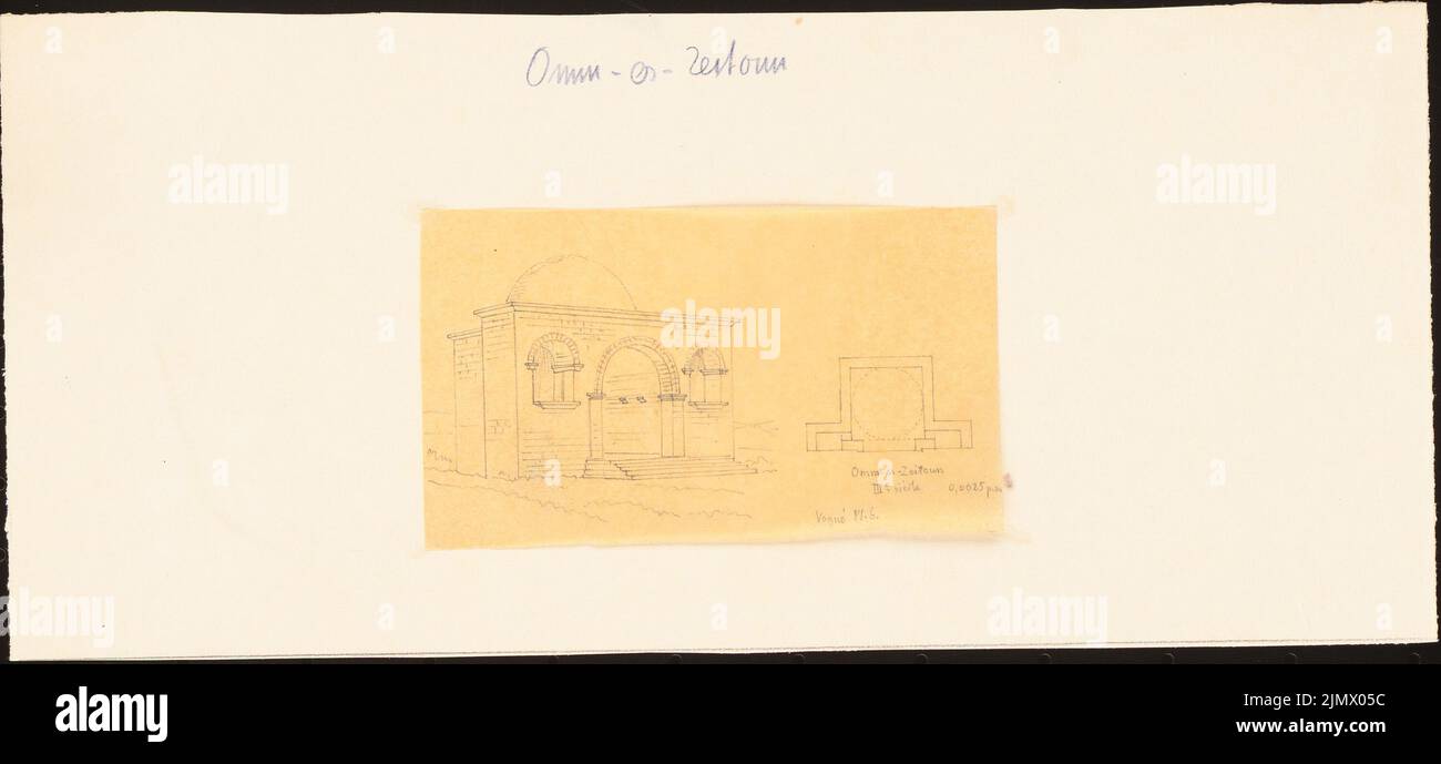 Quast Ferdinand von (1807-1877), tomb (3rd century) in omm-es-Zezeitung in Syria (without date): floor plan and perspective view, dimension (presumably by drawing according to M. de Vogüé and E. Duthoit: Syrie Centrale, Pl. 6). Pencil on transparent, 13 x 28.3 cm (including scan edges) Quast Ferdinand von  (1807-1877): Grabmal (3. Jh.), Omm-es-Zeitoun Stock Photo