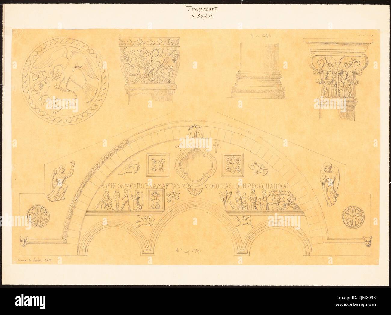 Quast Ferdinand von (1807-1877), Hagia Sophia in Trapezunt, Turkey (without date): vaults with ancient Greek inscription and all-roundtails with Christian motifs, dimensions (foot) (follow-up or traiting according to Charles Texier and. Pencil on Transparent, 29 , 7 x 40.2 cm (including scan edges) Quast Ferdinand von  (1807-1877): Hagia Sophia, Trapezunt Stock Photo