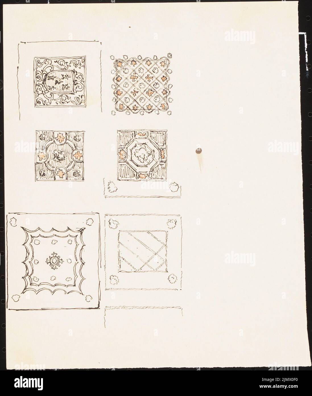 Quast Ferdinand von (1807-1877), square beds (without dat.): Six floor plans. Ink and red pencil on paper, 21.5 x 18.2 cm (including scan edges) Quast Ferdinand von  (1807-1877): Quadratische Beete Stock Photo