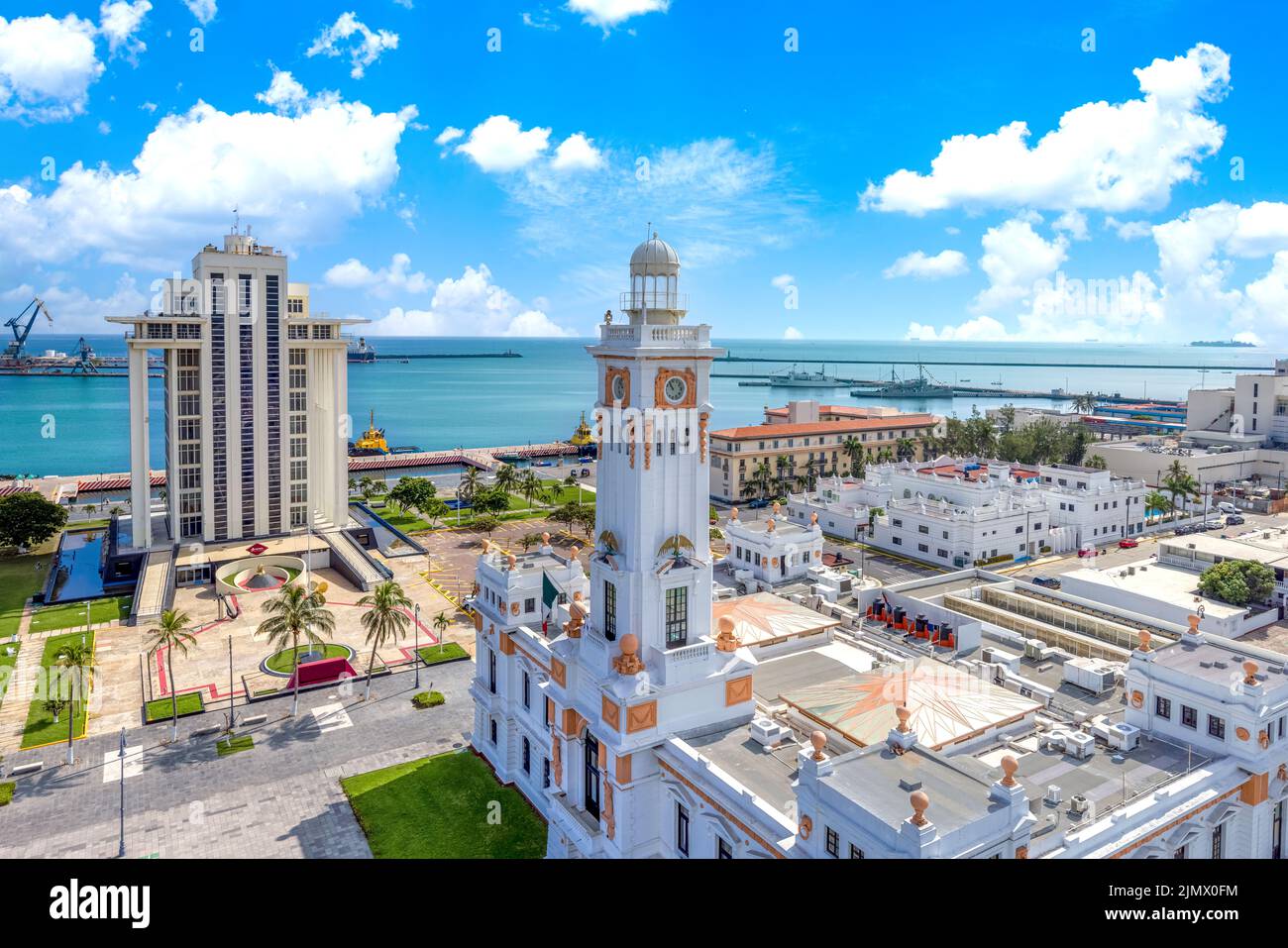 Mexico, Panoramic view of Veracruz city port with container ships ...