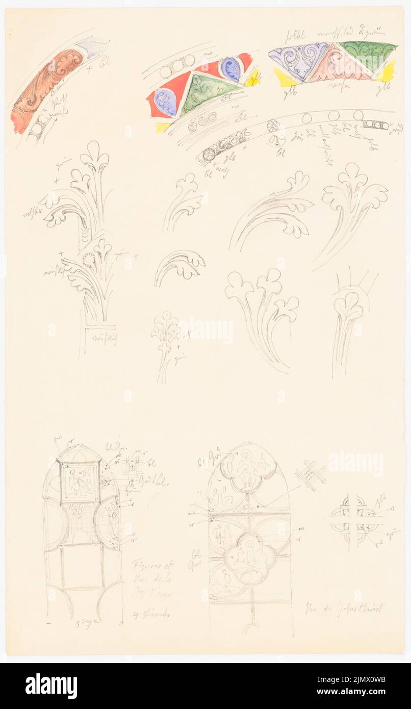 Quast Ferdinand von (1807-1877), church windows and ornamental details (without dat.): Numerous details: Fries, tendril, flower and leaf ornamentation, two church windows with sketches from the life of Marias and Jesus', color and Maßanga. Pencil qauarelled on paper, 35.7 x 22.1 cm (including scan edges) Quast Ferdinand von  (1807-1877): Kirchenfenster und Ornamentdetails Stock Photo