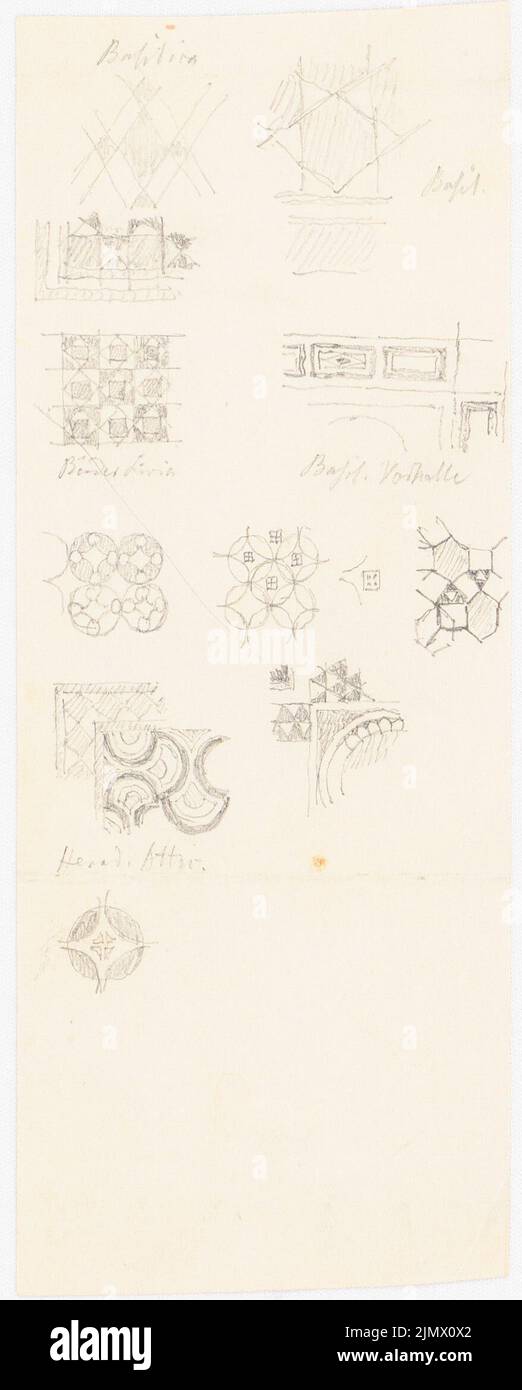 Quast Ferdinand von (1807-1877), patterns of floor coverings or wall mosaics from a basilica, the bathrooms of the Livia, Herod Atticus, in Rome? (Without Dat.): Numerous geometric sample details. Pencil on paper, 18.5 x 7.5 cm (including scan edges) Quast Ferdinand von  (1807-1877): Muster von Fußbodenbelägen oder Wandmosaiken aus einer Basilica, den Bädern der Livia, Herodes Atticus, Rom (?) Stock Photo
