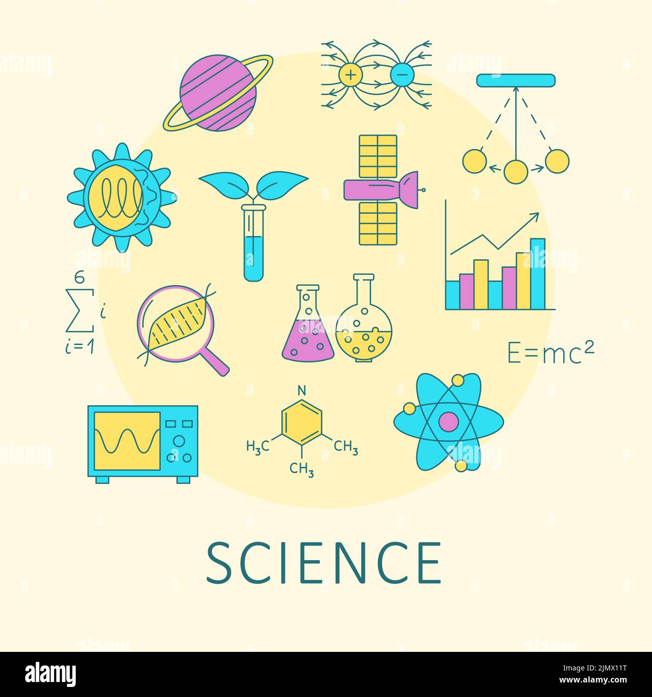 Science poster with icons in line style and text. Vector illustration