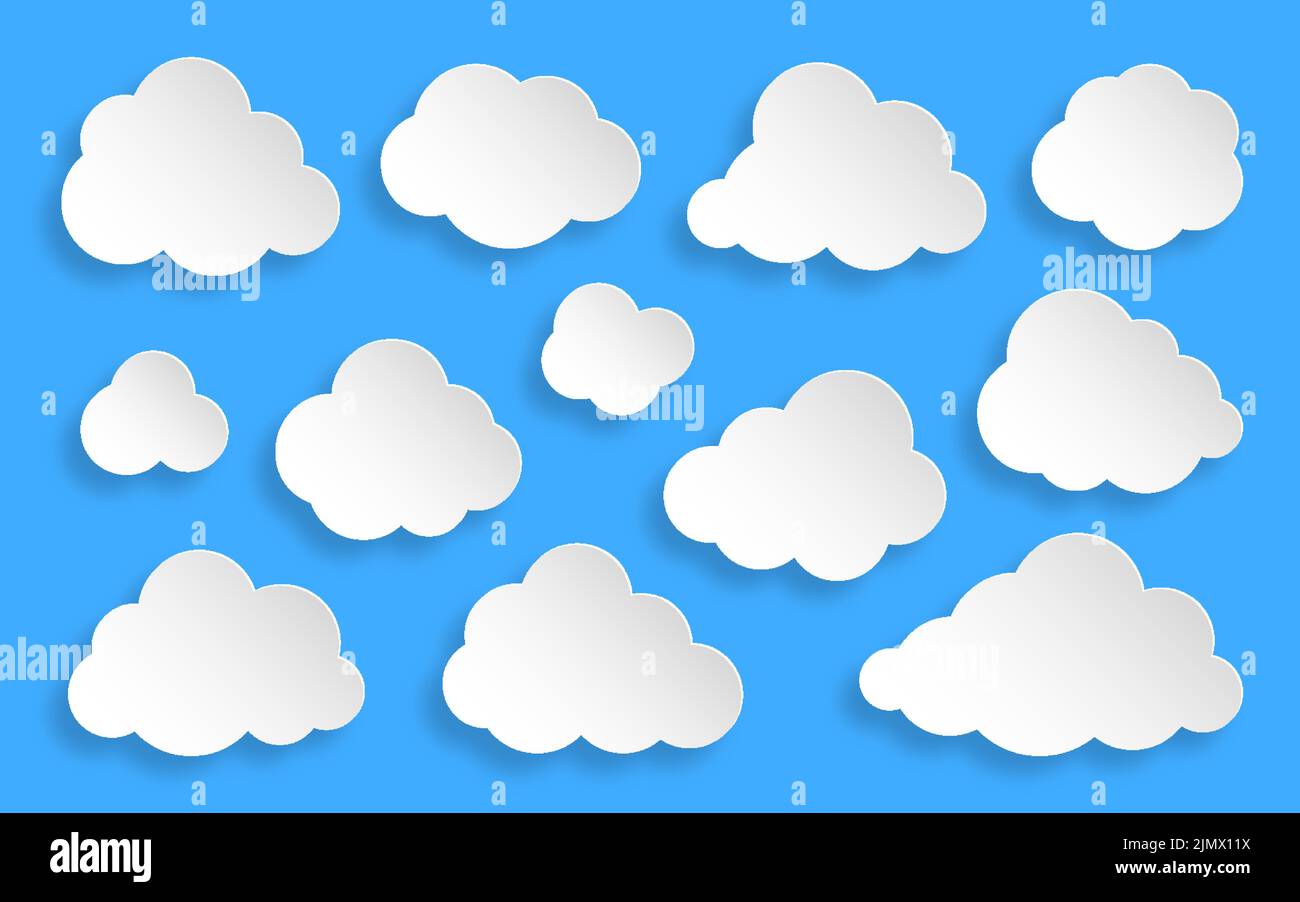 Paper cut clouds set on blue sky background. Forecast white cute cloud ...