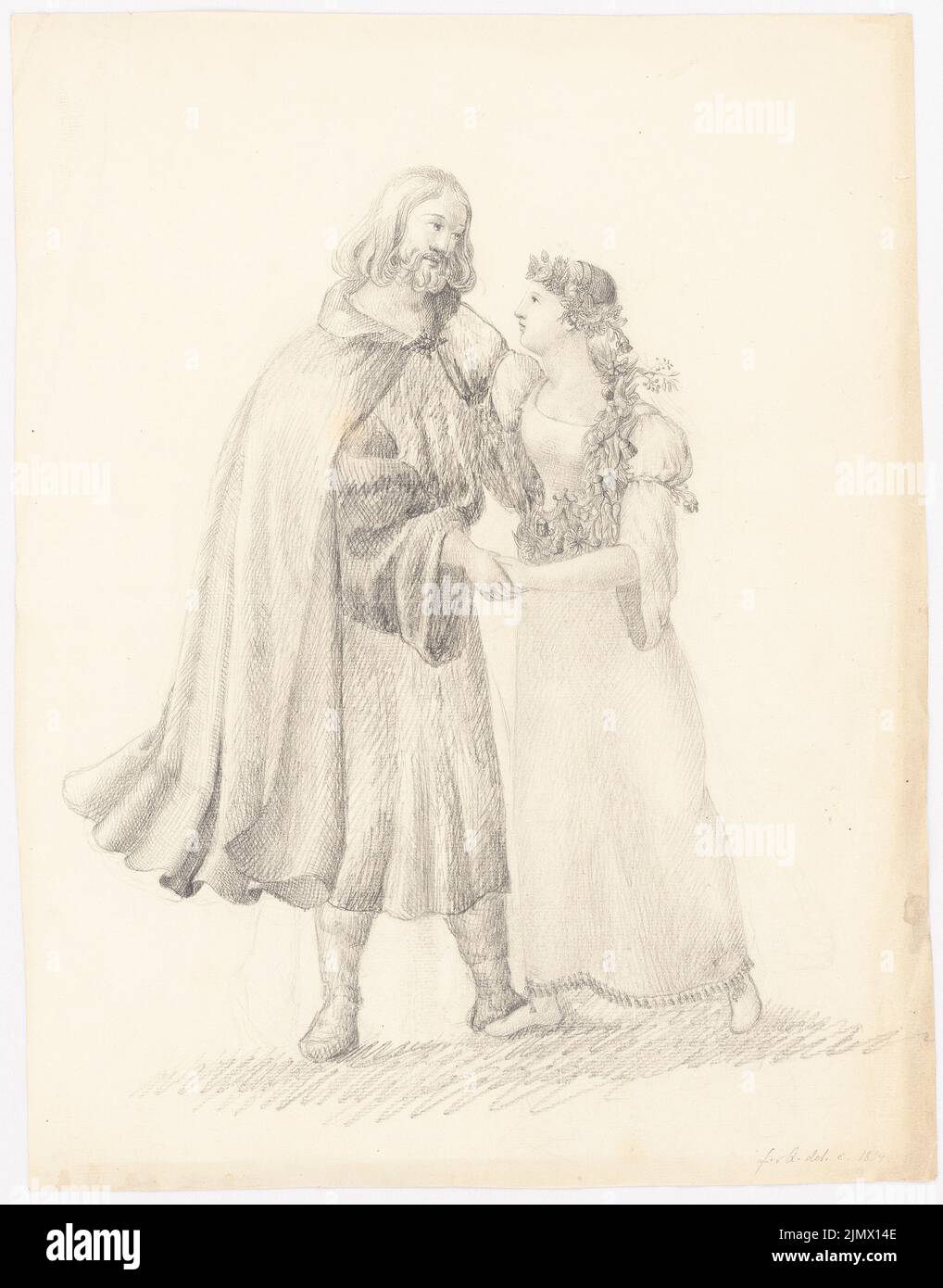 Quast Ferdinand von (1807-1877), couple in Minnes scene (1824): man and young woman with flowers in her hair, in tender pose or dance. Pencil on paper, 45.6 x 35.7 cm (including scan edges) Quast Ferdinand von  (1807-1877): Paar in Minneszene Stock Photo