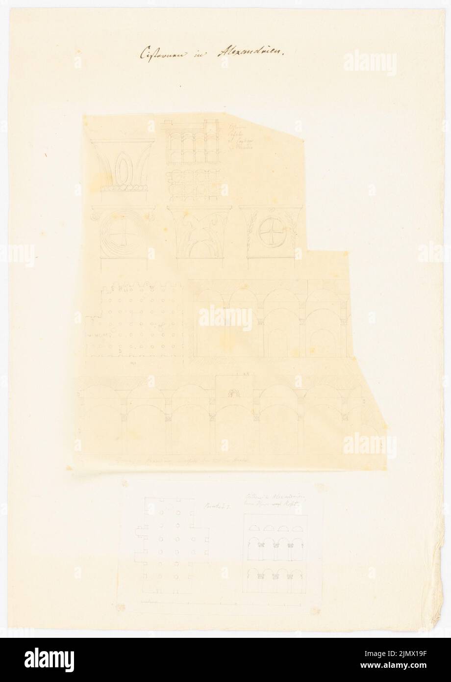 Quast Ferdinand von (1807-1877), cisterns in Alexandria (without dat.): Upper sheet: cistern within the city of the Arabs, two floor plans, three cuts, details, dimensions - lower sheet: cistern at the gate to ro. Pencil on transparent , Pencil on paper, 35.1 x 24.8 cm (including scan edges) Quast Ferdinand von  (1807-1877): Zisternen, Alexandria Stock Photo