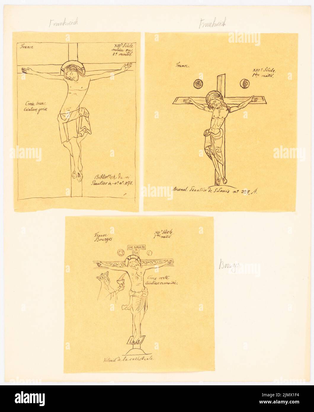 Quast Ferdinand von (1807-1877), crucifixes from the 13th century from the cathedral in Bourges and two psaters from libraries in Paris (without dat.): Three views, including the green cross from Bourges (after or through drawings from the Psantier in 4E, no. 1075 in the Bibliothèque du Roi and from the ink on transparent, 35.6 x 29 cm (including scan edges) Quast Ferdinand von  (1807-1877): Kruzifixe aus dem 13. Jh. aus der Kathedrale, Bourges und zwei Psaltern aus Bibliotheken, Paris Stock Photo