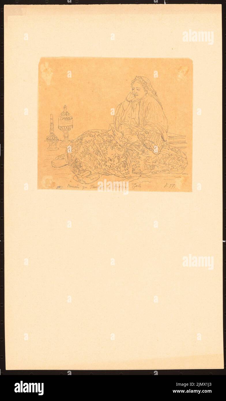 Quast Ferdinand von (1807-1877), Maurin in the festival robe in Tanger (without dat.): Woman sitting on the floor (post-or drawing according to Westermann's illustrated German monthly booklets?, P. 57). Pencil on transparent, 30.2 x 18.2 cm (including scan edges) Quast Ferdinand von  (1807-1877): Maurin im Festgewand, Tanger Stock Photo