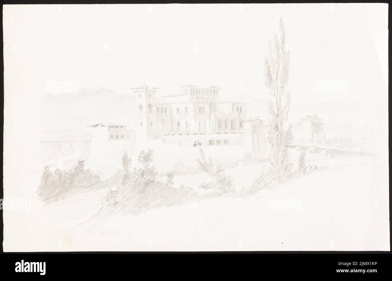 Quast Ferdinand von (1807-1877), Castle in Italian landscape (04.10.1836): Perspective view of a castle on a hill in Tuscan landscape (F. of Quast's master builder test with exam task of Karl Fried. cm (incl. Scan edges) Quast Ferdinand von  (1807-1877): Schloss in italienischer Landschaft Stock Photo