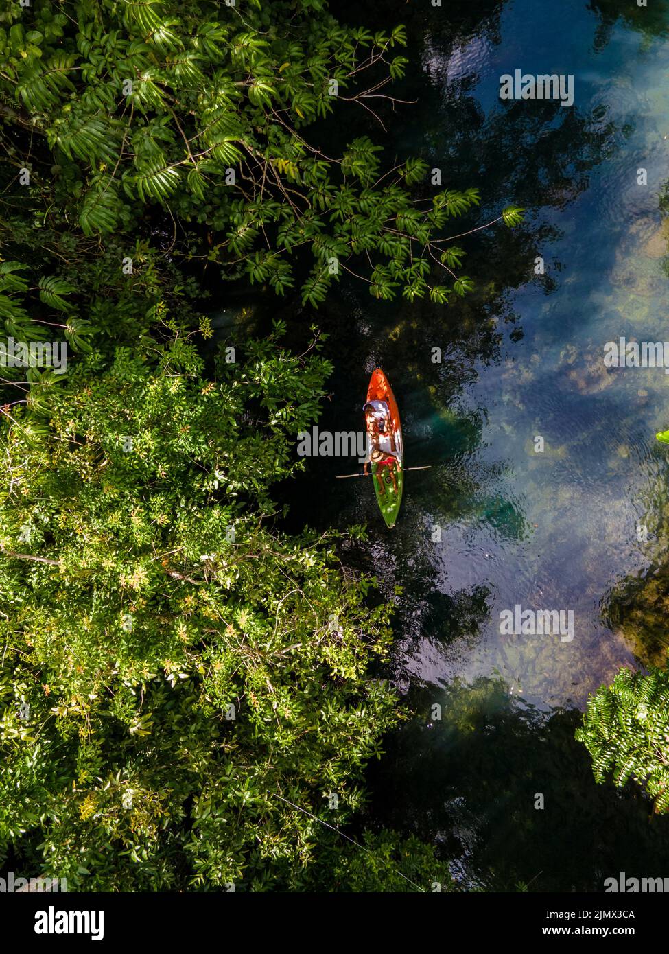 Couple in kayak in the jungle of Krabi Thailand, men and woman in kayak at a tropical jungle in Krabi mangrove forrest Stock Photo