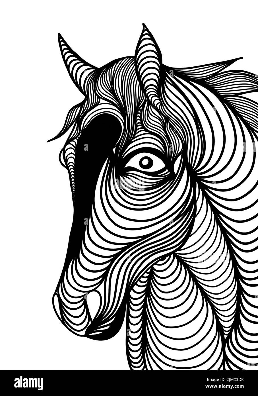 A horse illustration icon in black offset artline. Unique pattern style for logo or background design. Stock Vector