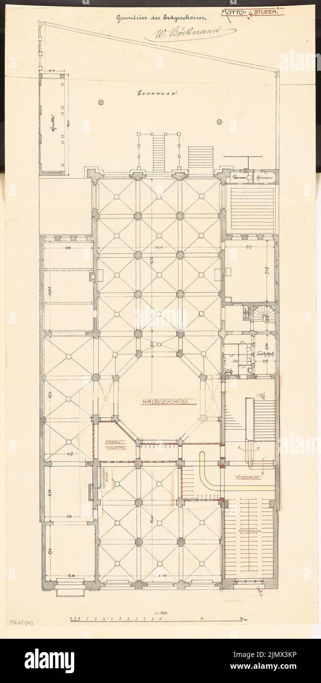 Böckmann Wilhelm (1832-1902), redesign of the upper rooms of the club house of the architect association in Berlin. Monthly competition February 1899 (02.1899): On the pressure: floor plan ground floor of the house. Inserted drawings: variant of some rooms; Scale bar. Tusche watercolor via light pressure on paper, 77.9 x 39.2 cm (including scan edges) Böckmann Wilhelm  (1832-1902): Umgestaltung der oberen Räume des Vereinshauses des Architekten-Vereins zu Berlin. Monatskonkurrenz Februar 1899 Stock Photo
