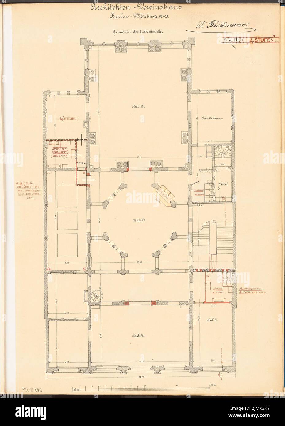 Böckmann Wilhelm (1832-1902), redesign of the upper rooms of the club house of the architect association in Berlin. Monthly competition February 1899 (02.1899): On the print: floor plan 1st floor of the house. Settings: variant of some rooms; Scale bar. Tusche watercolor via light pressure on paper, 60.8 x 43.5 cm (including scan edges) Böckmann Wilhelm  (1832-1902): Umgestaltung der oberen Räume des Vereinshauses des Architekten-Vereins zu Berlin. Monatskonkurrenz Februar 1899 Stock Photo