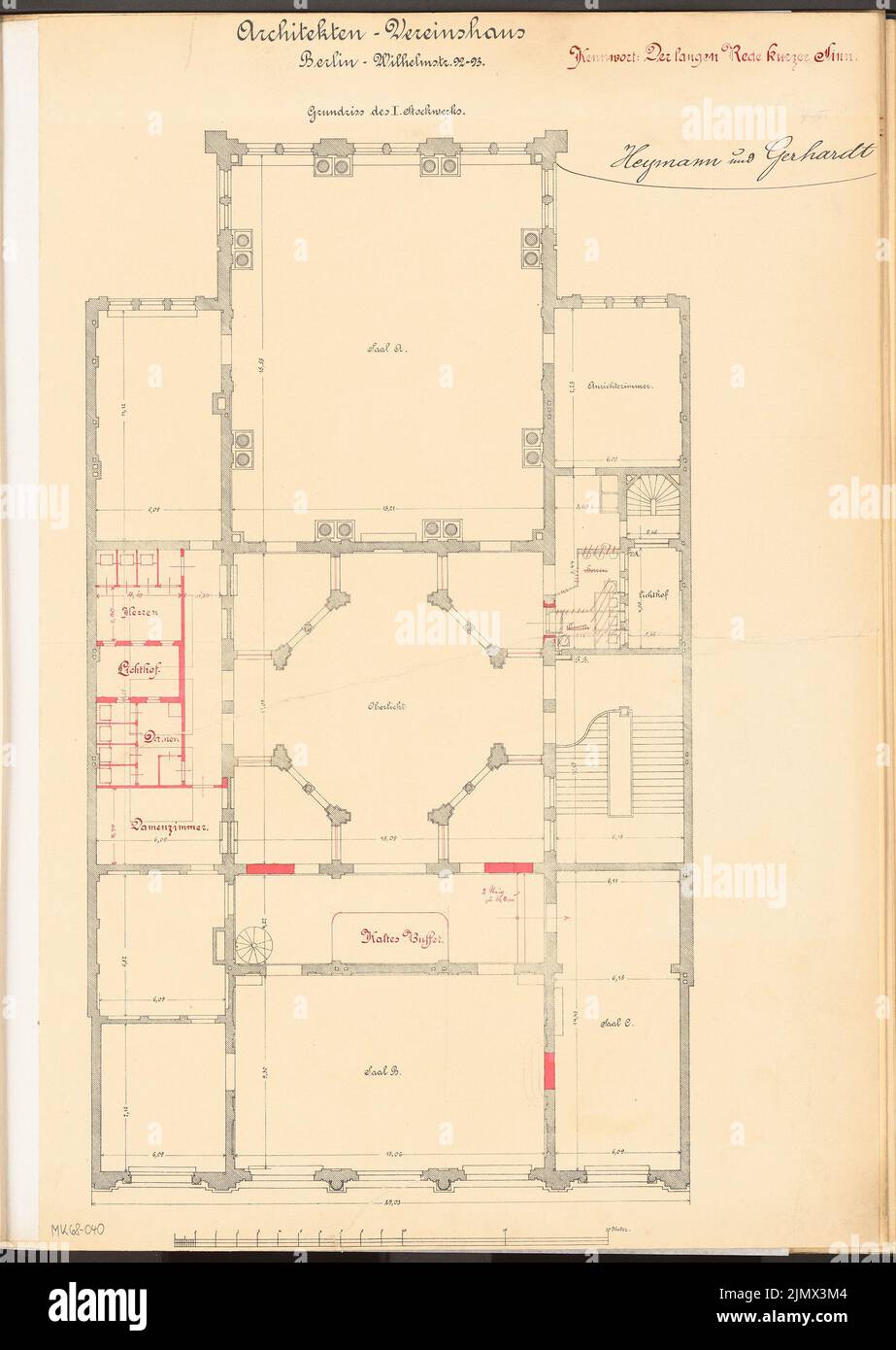 Gerhardt & Heymann, redesign of the upper rooms of the club house of the architect association in Berlin. Monthly competition February 1899 (02.1899): On the print: floor plan 1st floor of the house. Settings: variant of a room; Scale bar. Ink over light printing, 60.9 x 43.2 cm (including scan edges) Gerhardt & Heymann : Umgestaltung der oberen Räume des Vereinshauses des Architekten-Vereins zu Berlin. Monatskonkurrenz Februar 1899 Stock Photo