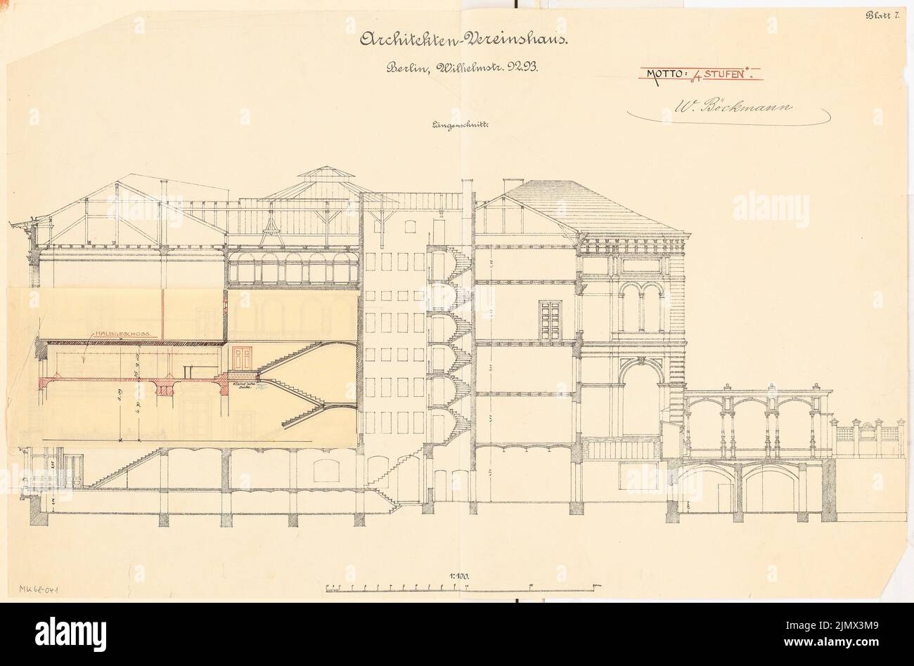 Böckmann Wilhelm (1832-1902), redesign of the upper rooms of the club house of the architect association in Berlin. Monthly competition February 1899 (02.1899): On the pressure: longitudinal section of the house. Settings: longitudinal section of a room 1: 100; Scale bar. Ink over light printing on transparent, 47.9 x 72.6 cm (including scan edges) Böckmann Wilhelm  (1832-1902): Umgestaltung der oberen Räume des Vereinshauses des Architekten-Vereins zu Berlin. Monatskonkurrenz Februar 1899 Stock Photo