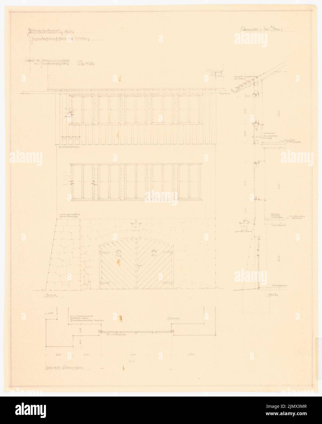 Brendel Helmut, Youth Real Home for Silesia. Schinkel competition 1943 (1943): facade detail. View, cut, floor plan 1:20. Light break on paper, 84.4 x 68.8 cm (including scan edges) Brendel Helmut : Jugenderholungsheim für Schlesien. Schinkelwettbewerb 1943 Stock Photo