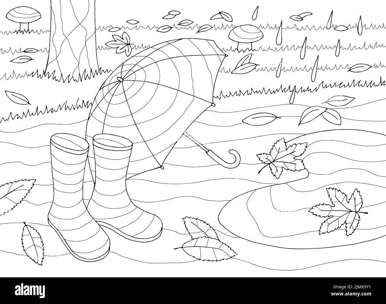 Autumn coloring graphic black white landscape sketch illustration vector Stock Vector