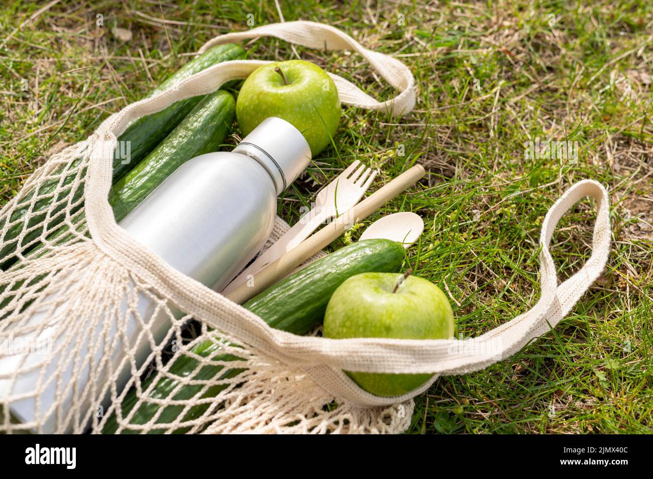 High angle food reusable bag grass Stock Photo Alamy