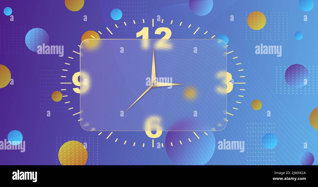 Clock glassmorphism effect. 3d style rectangle timer Gold clock face and hands on violet blue background for mobile app design. Business icon. Modern Stock Vector