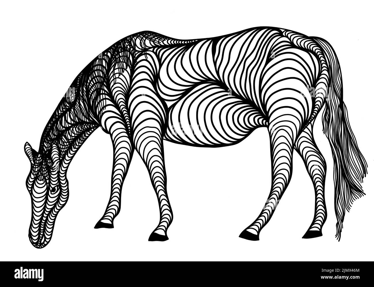A horse illustration icon in black offset artline. Unique pattern style for logo or background design. Stock Vector