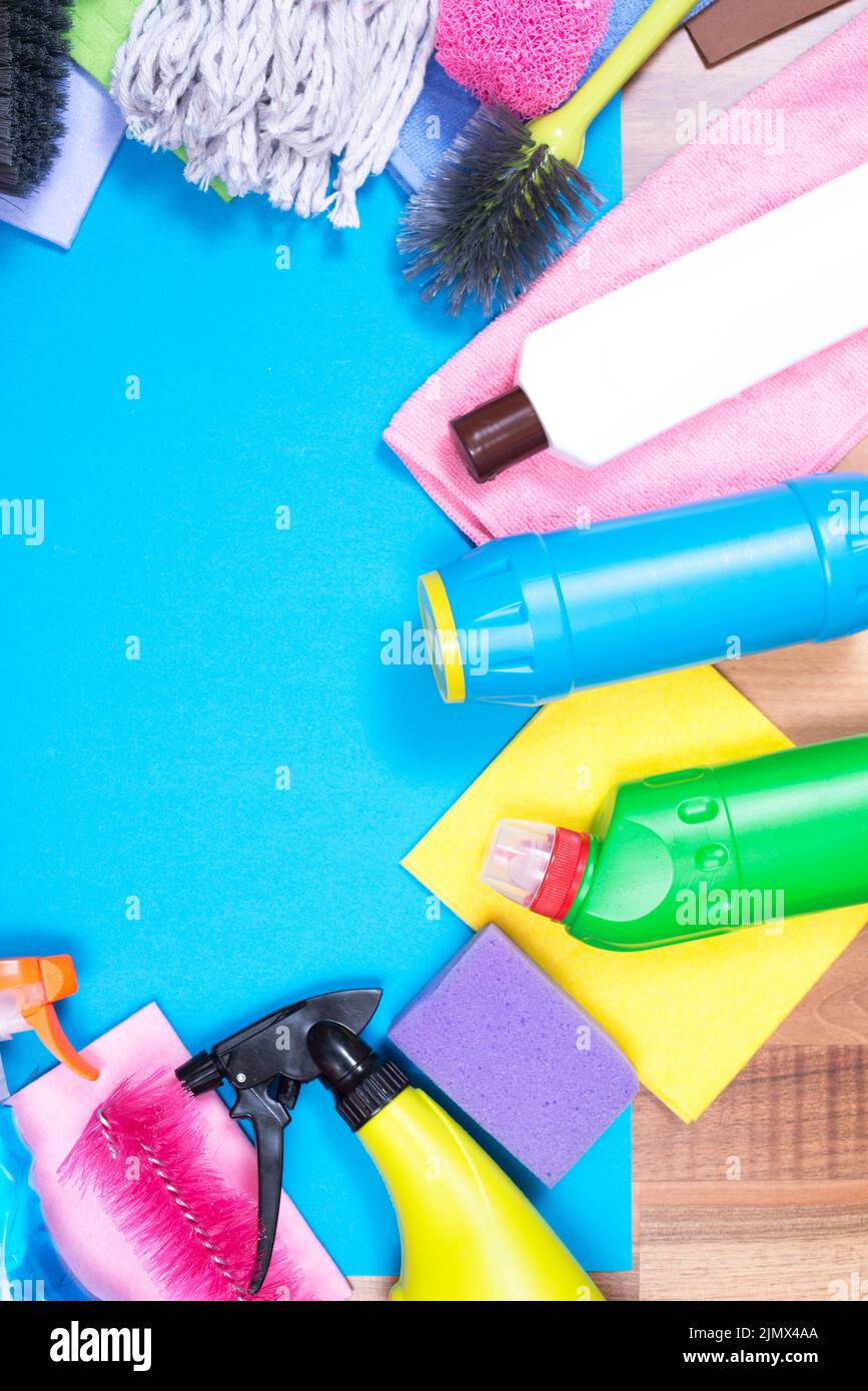 Housekeeping concept with cleaning products Stock Photo