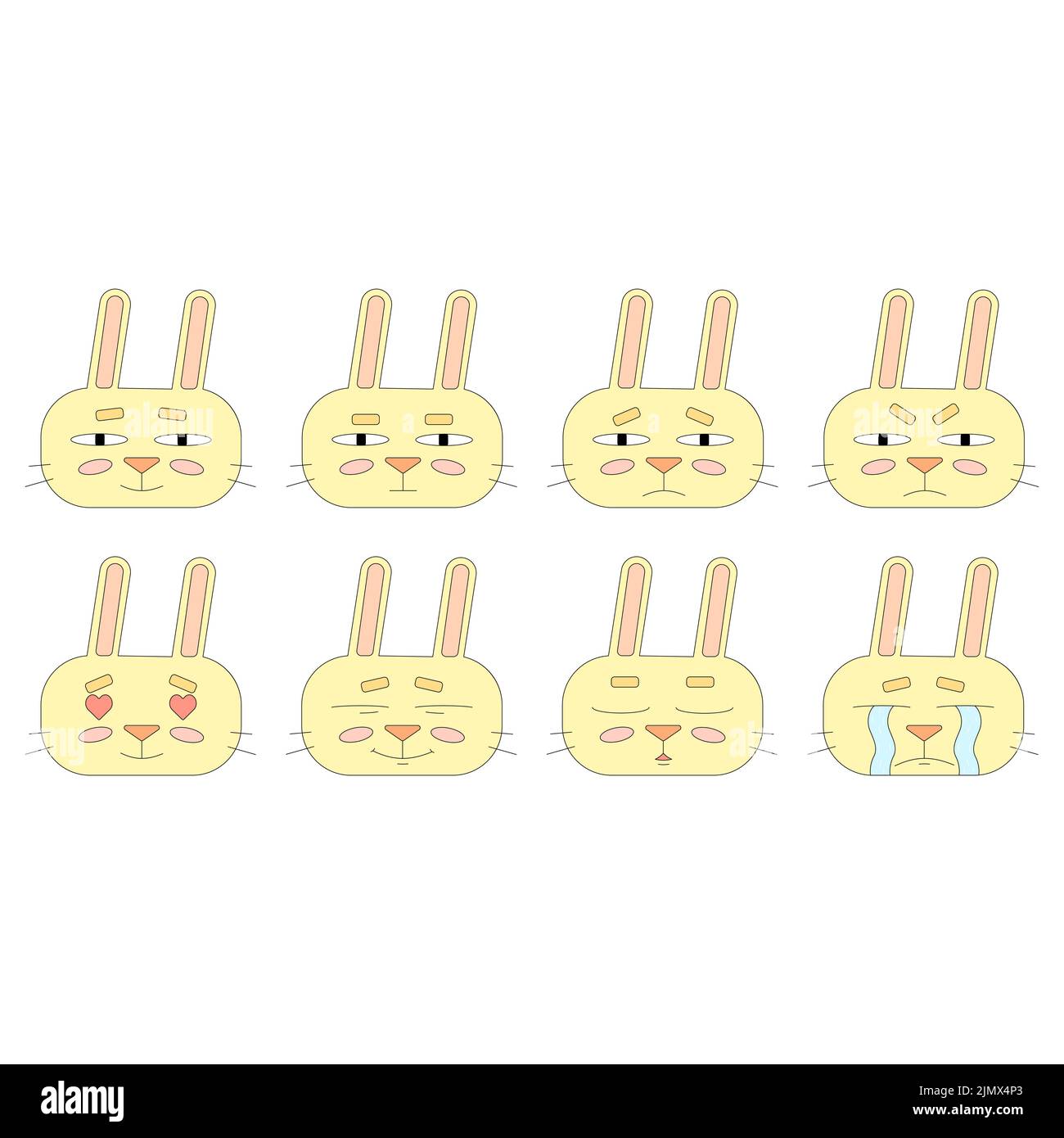 A collection of stickers with rabbit in cartoon style. Emotion Recognition Game. Vector illustration of bunny isolated on white background Stock Vector