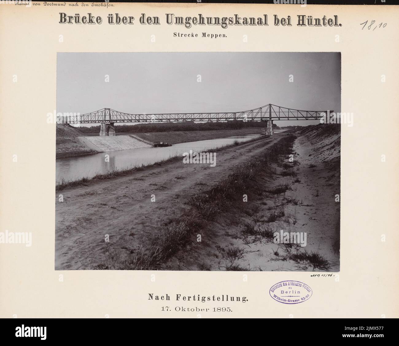 Unknown architect, Dortmund-Ems-Canal (without date): View. Photo on cardboard, 29.3 x 36.8 cm (including scan edges) N.N. : Dortmund-Ems-Kanal. Brücke über den Umgehungskanal, Hüntel Stock Photo