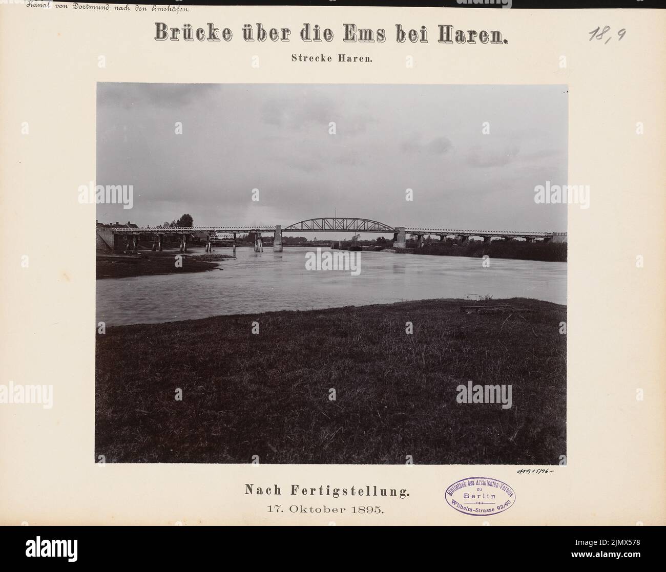 Unknown architect, Dortmund-Ems-Canal (without date): View. Photo on cardboard, 29.4 x 37.2 cm (including scan edges) N.N. : Dortmund-Ems-Kanal. Brücke über die Ems, Haren/Ems Stock Photo