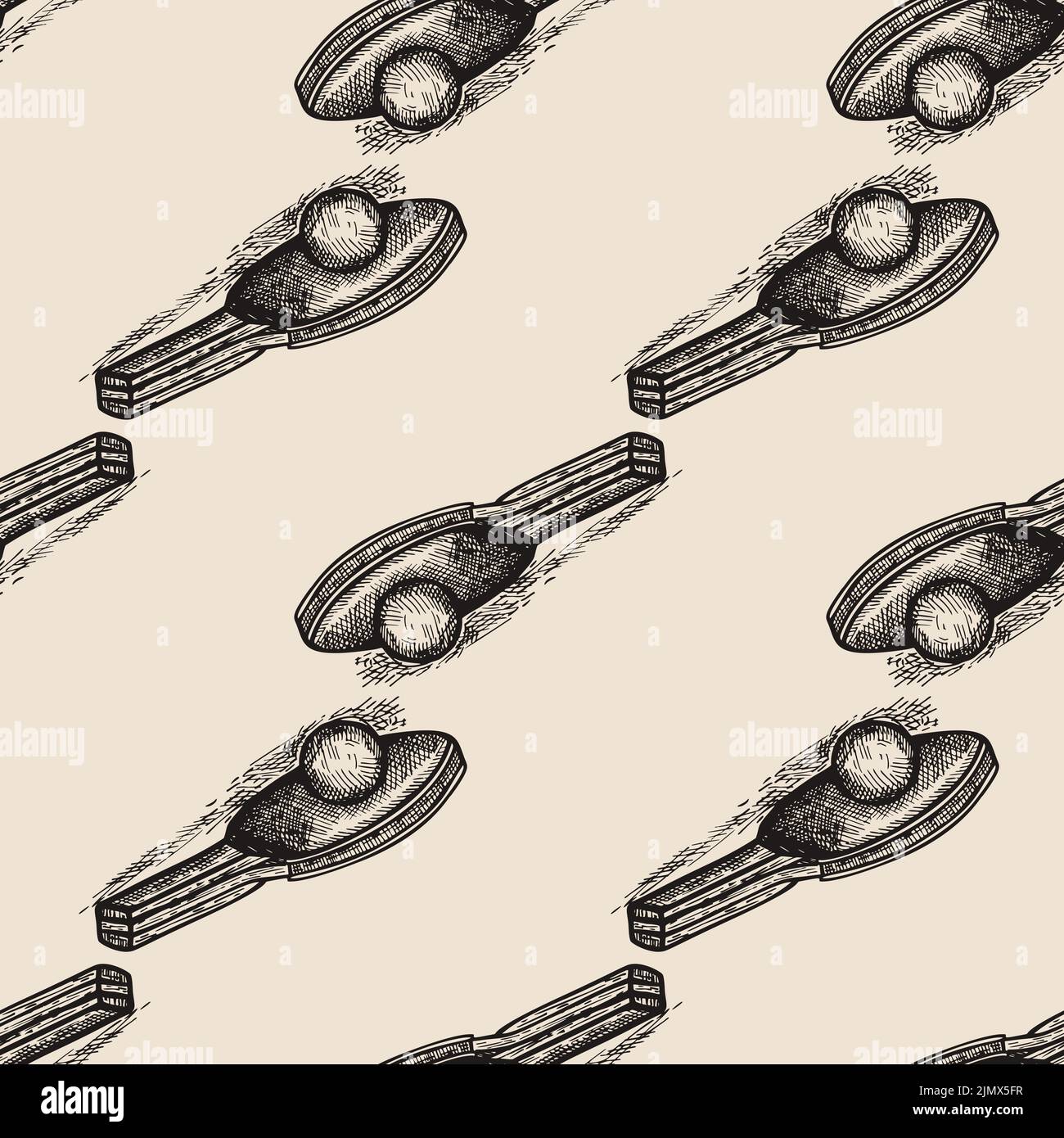 Ping pong racket engraved seamless pattern. Vintage sport elements in hand drawn style. Sketch texture for fabric, wallpaper, textile, print, title, w Stock Vector