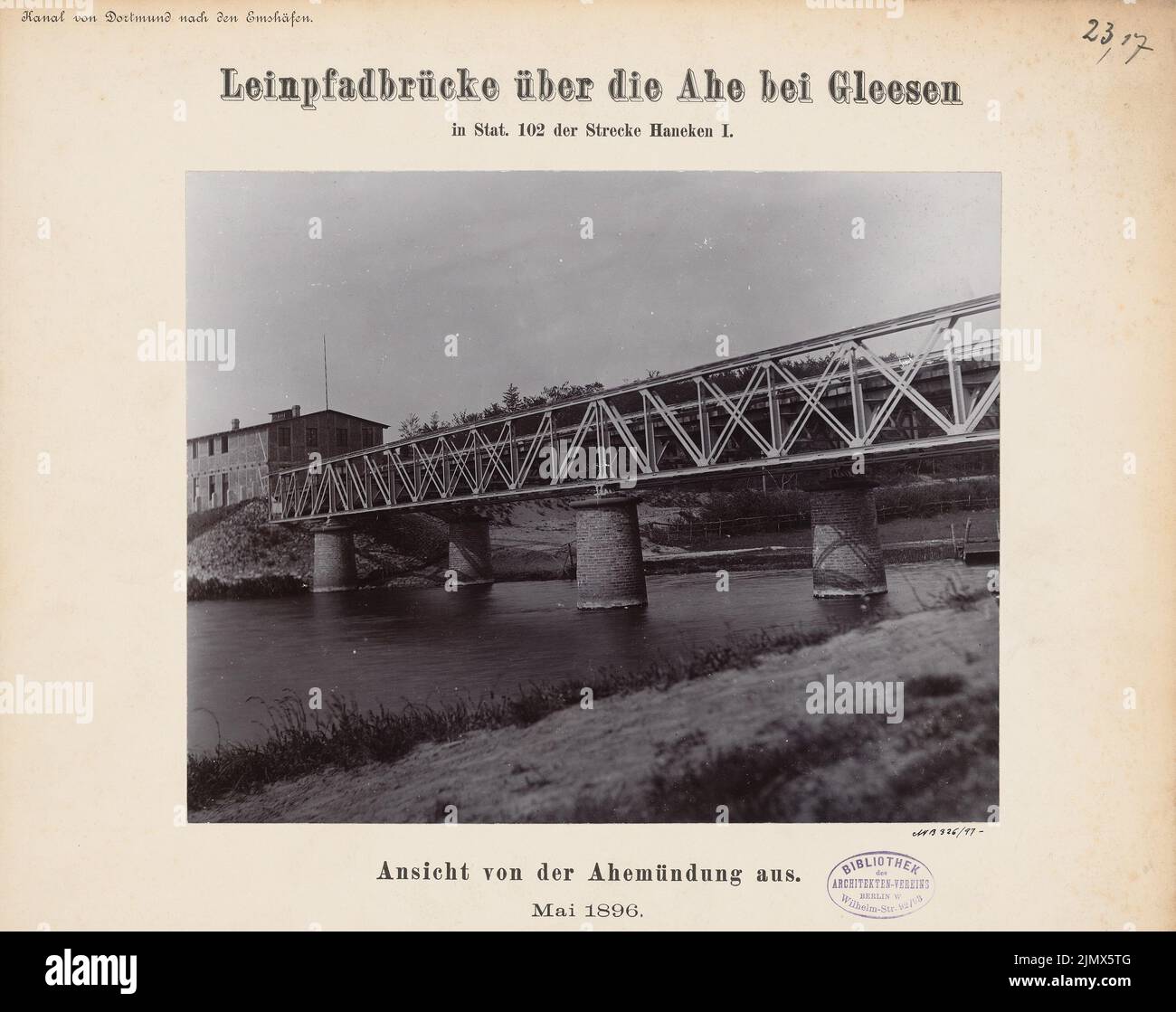 Unknown architect, Dortmund-Ems-Canal (without date): View. Photo on cardboard, 29.4 x 37.2 cm (including scan edges) N.N. : Dortmund-Ems-Kanal. Leinpfadbrücke über die Ahe, Gleesen Stock Photo