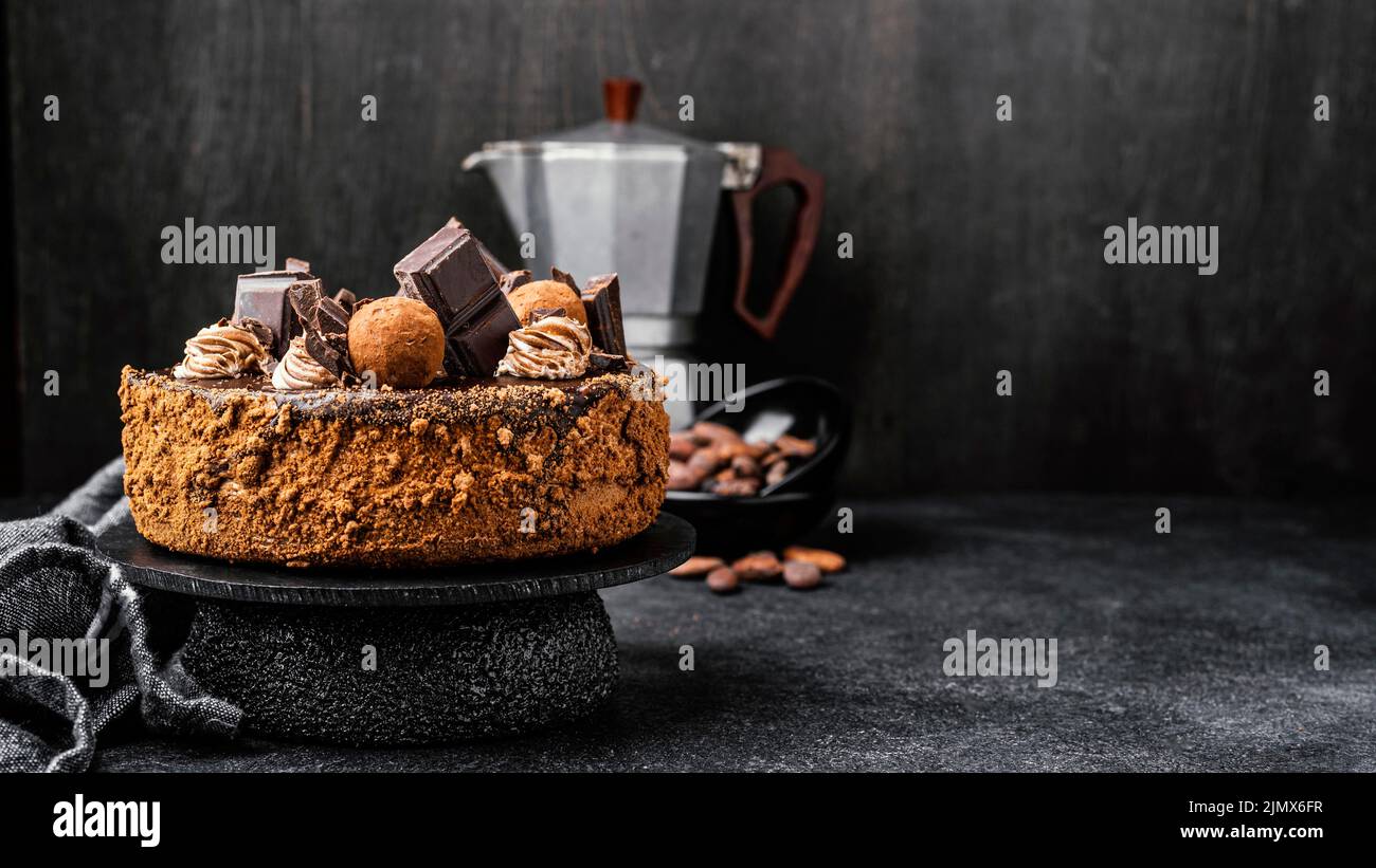 Front view delicious chocolate cake stand with copy space Stock Photo