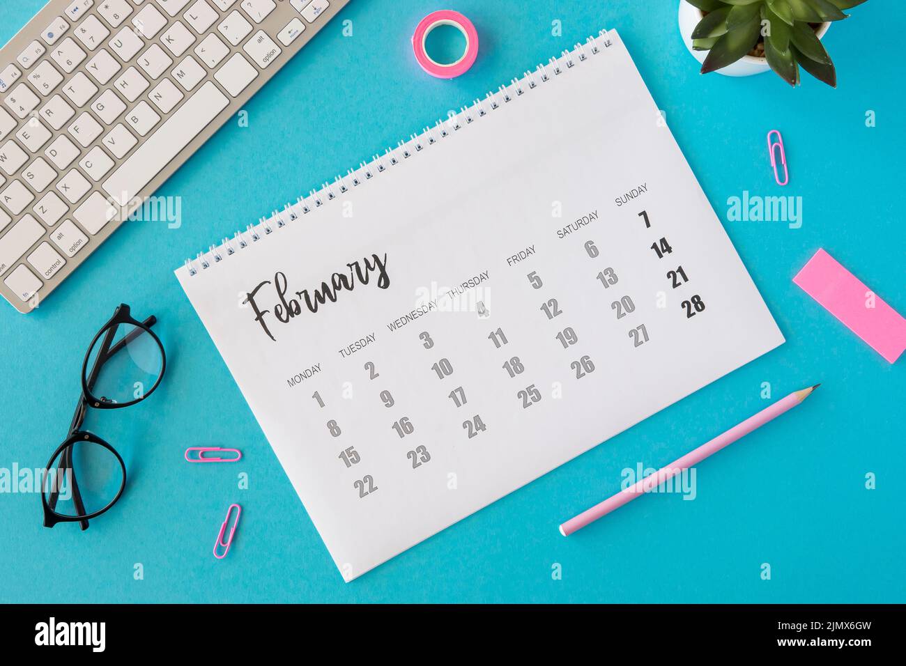 Flat lay planner february calendar Stock Photo