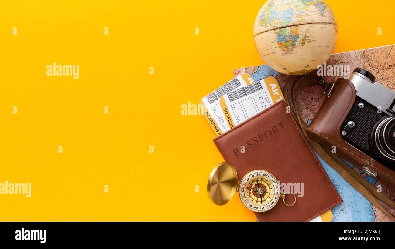 Flat lay camera passport arrangement Stock Photo