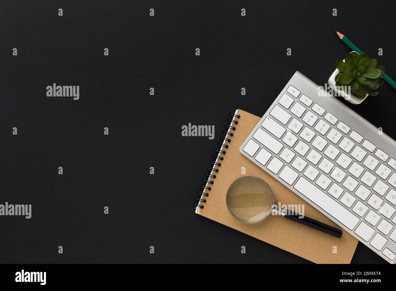 Flat lay work desktop with notebook keyboard Stock Photo