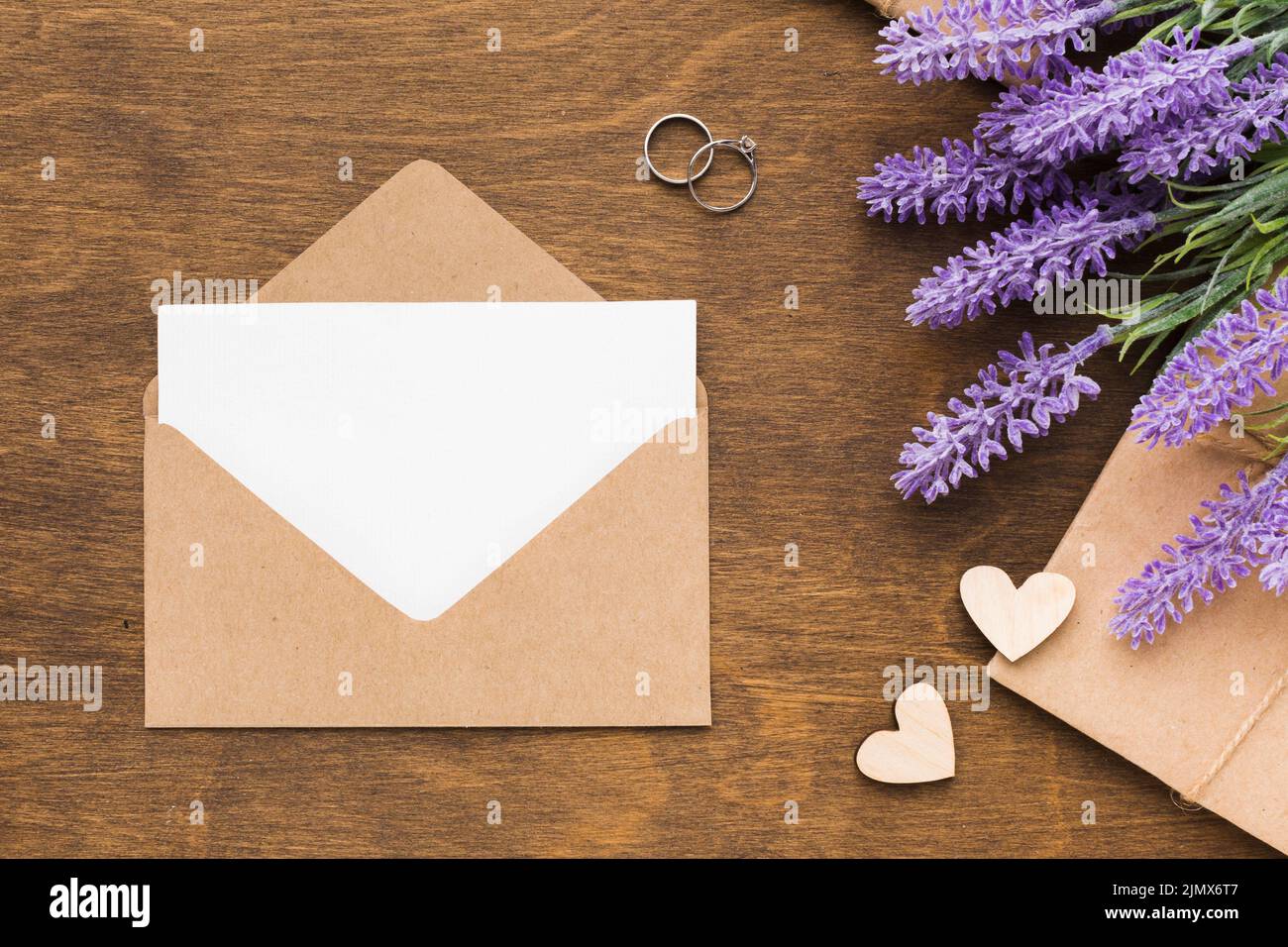 Flat lay wedding invitation with lavender Stock Photo