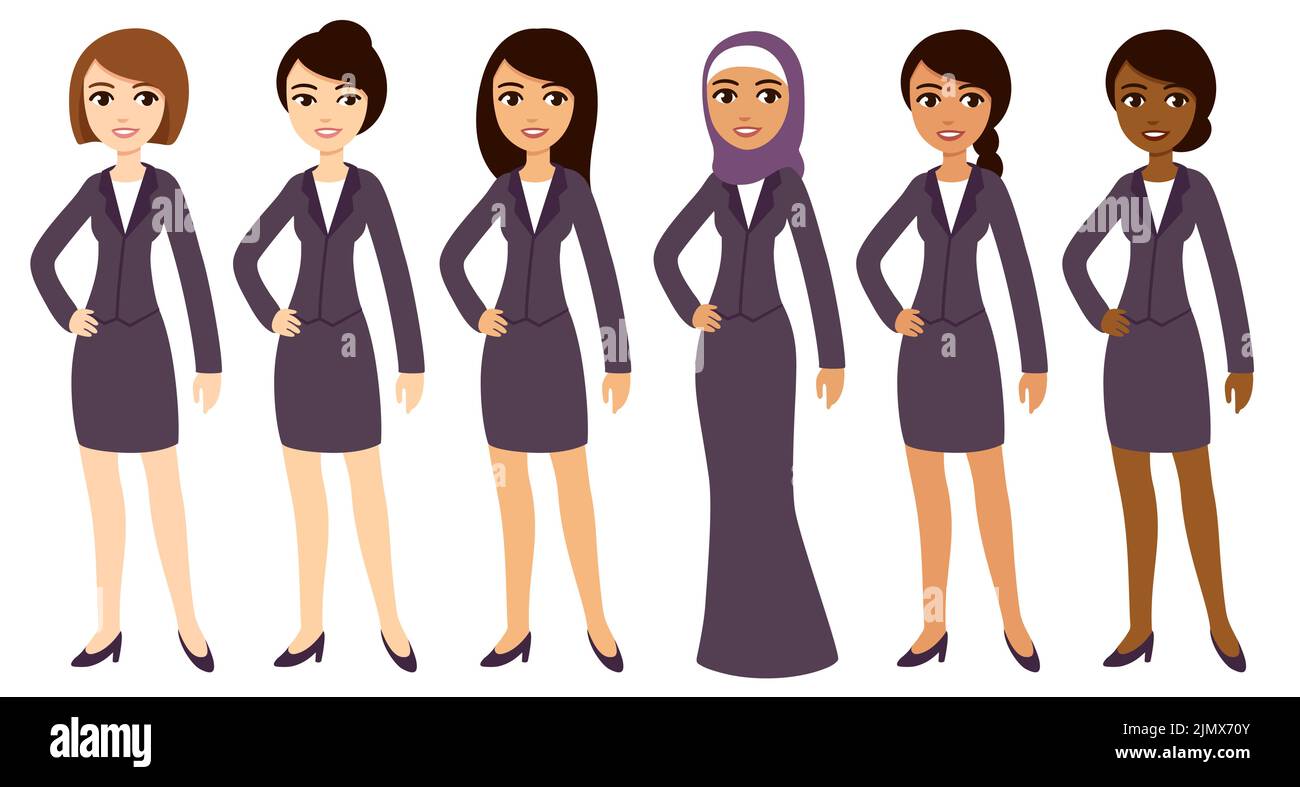 Six cartoon young businesswomen of different skin color in work clothes. Cute vector clip art illustration set, isolated on white background. Stock Vector
