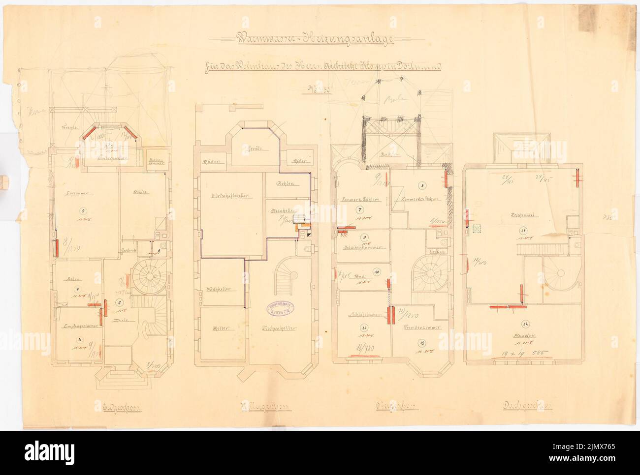 Klomp Johannes Franziskus (1865-1946), Klomp, Dortmund (1904-1905): floor plans with drawings of the hot water heating system 1:50. Ink, pencil, colored pencil, ink colored, watercolored, over a break on paper, 65 x 96.4 cm (including scan edges) Klomp Johannes Franziskus  (1865-1946): Wohnhaus Klomp, Dortmund Stock Photo